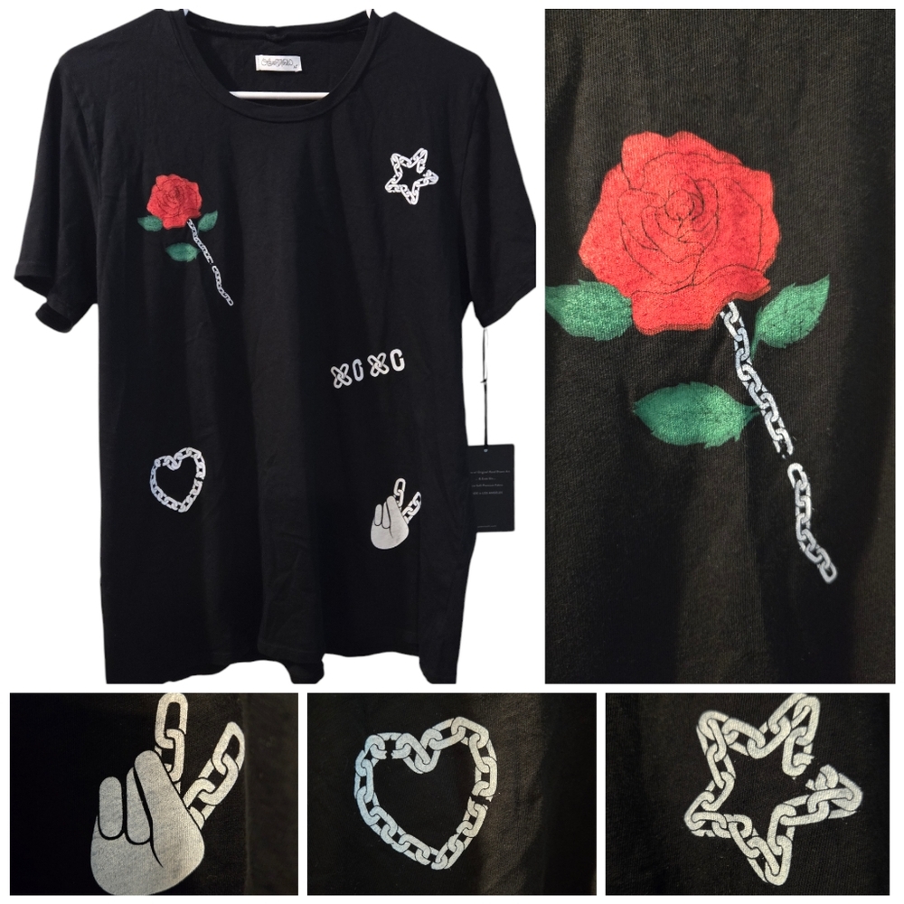 Lauren Moshi Black Tee with Red Rose and Chain Design